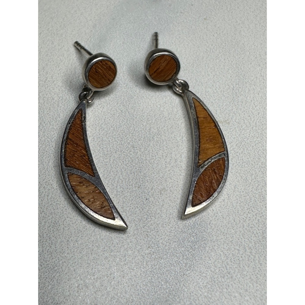 925 Sterling Silver Wood Inlay Crescent Drop‎ Earrings Artisan Handmade Dangle